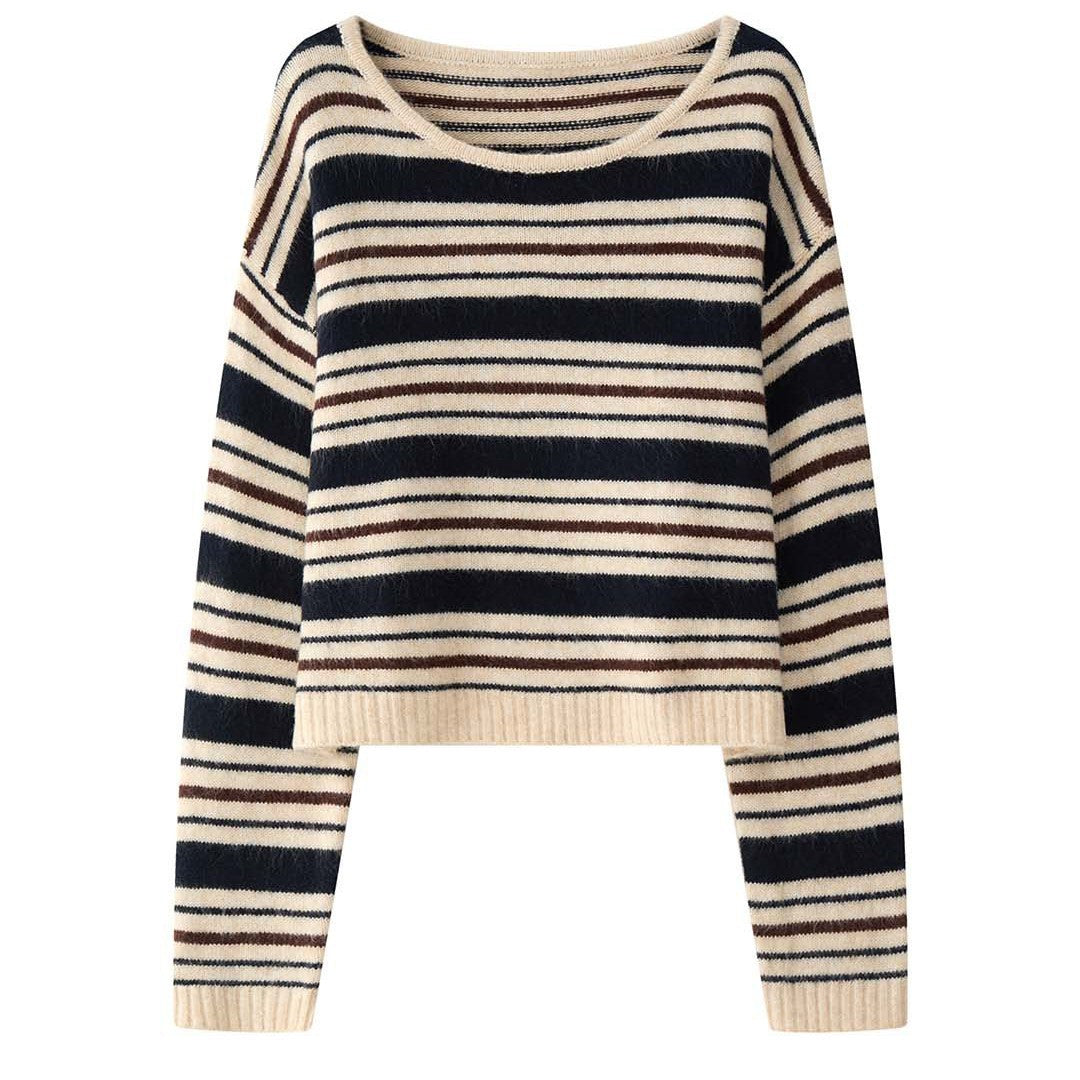 Ladies Soft Oversize Stripe Sweater with Boat Neck and Fluffy Look Mune Fashion
