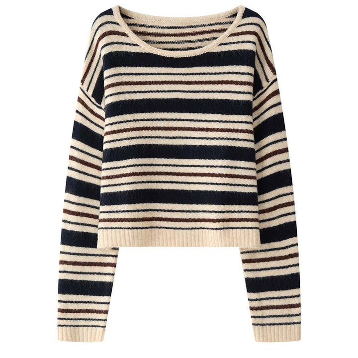 Ladies Soft Oversize Stripe Sweater with Boat Neck and Fluffy Look Mune Fashion