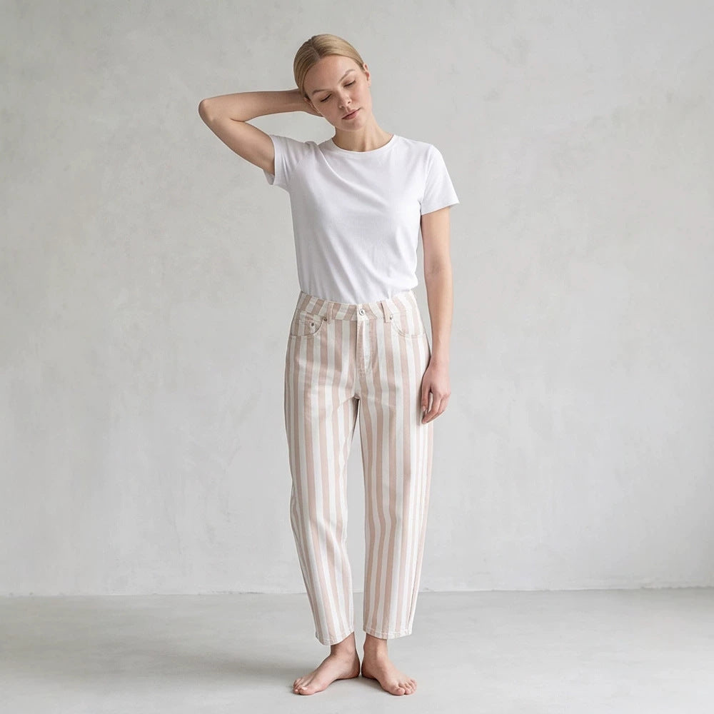Women High-Waisted Striped Linen Pants with Wide Leg and Cropped Length Mune Fashion