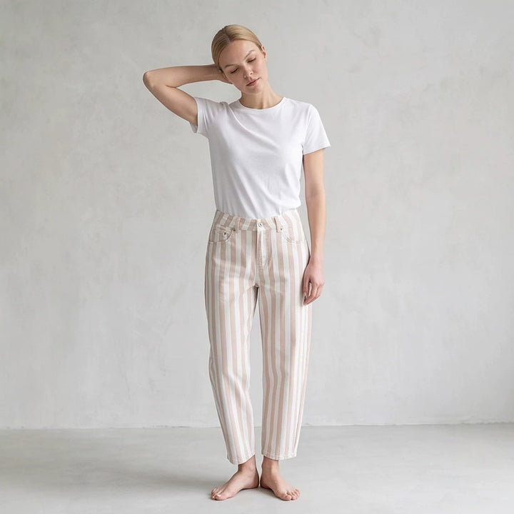 Women High-Waisted Striped Linen Pants with Wide Leg and Cropped Length Mune Fashion
