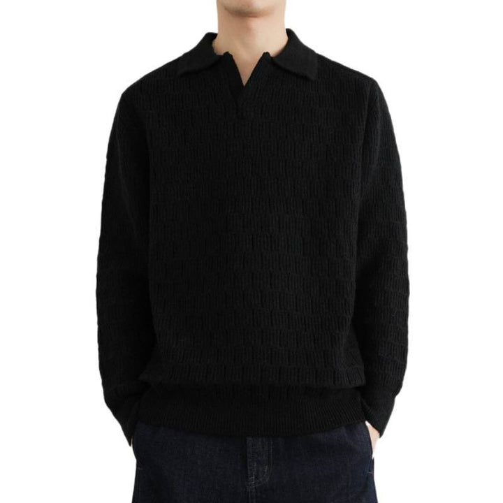 Men's fine knit polo sweater with textured knitting and open V-neck Mune Fashion