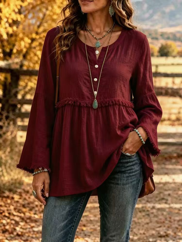 Women's Fringe Tunic Blouse with V-Neck and Bell Sleeves Mune Fashion