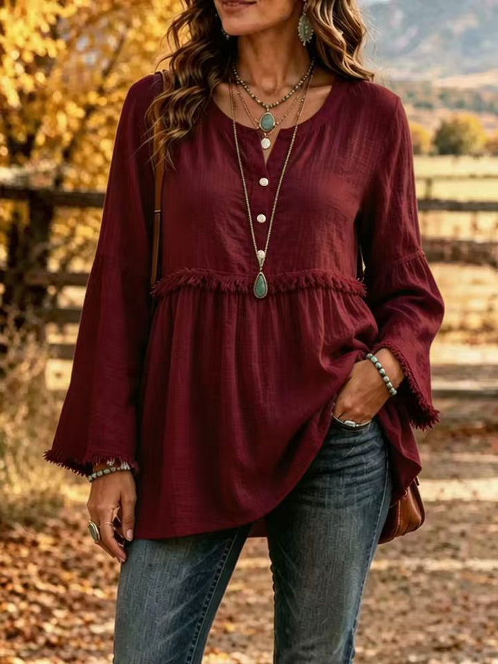 Women's Fringe Tunic Blouse with V-Neck and Bell Sleeves Mune Fashion