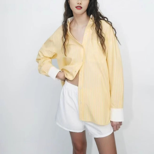 Women Oversized Shirt Blouse with Contrast Collar and Cuffs Mune Fashion