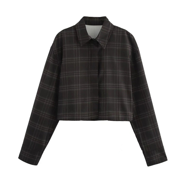 Women's Cropped Boxy Shirt Jacket in Checkered Pattern with Concealed Button Placket Mune Fashion