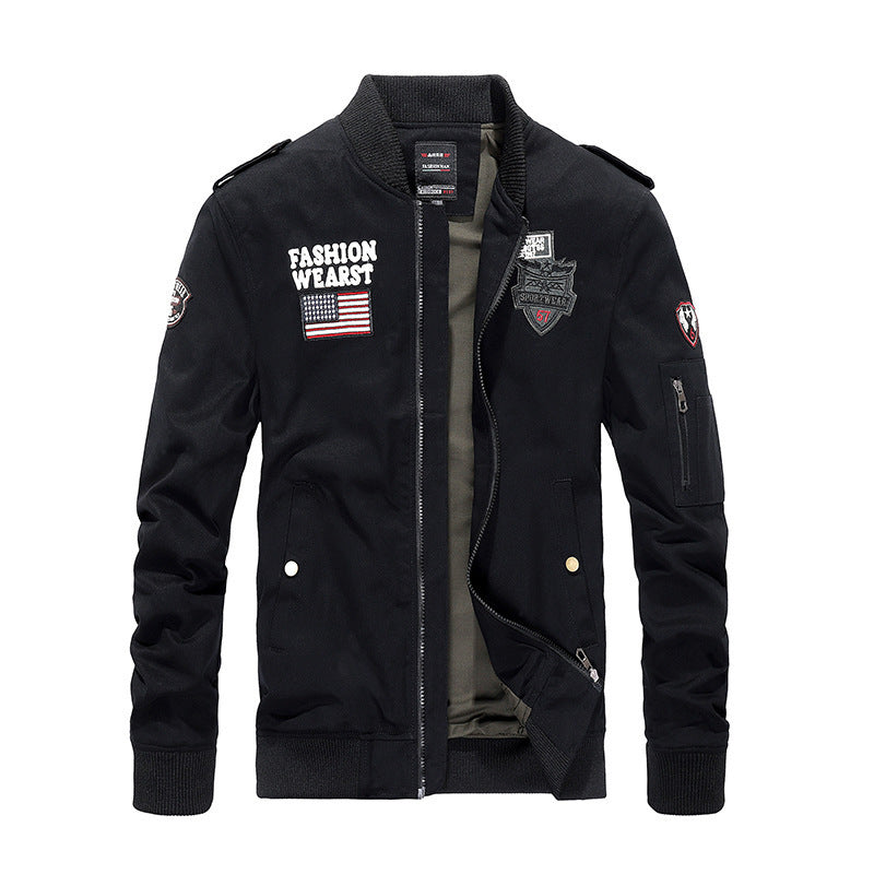 Men's Vintage Canvas Bomber Jacket with Patch Applications and Arm Pocket Mune Fashion