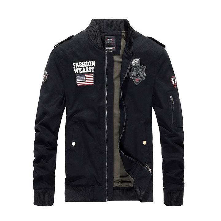 Men's Vintage Canvas Bomber Jacket with Patch Applications and Arm Pocket Mune Fashion