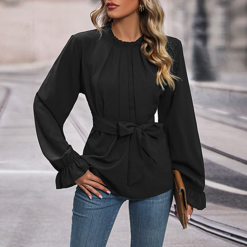 Women Elegant Blouse with Ruffle Details and Tied Belt Mune Fashion