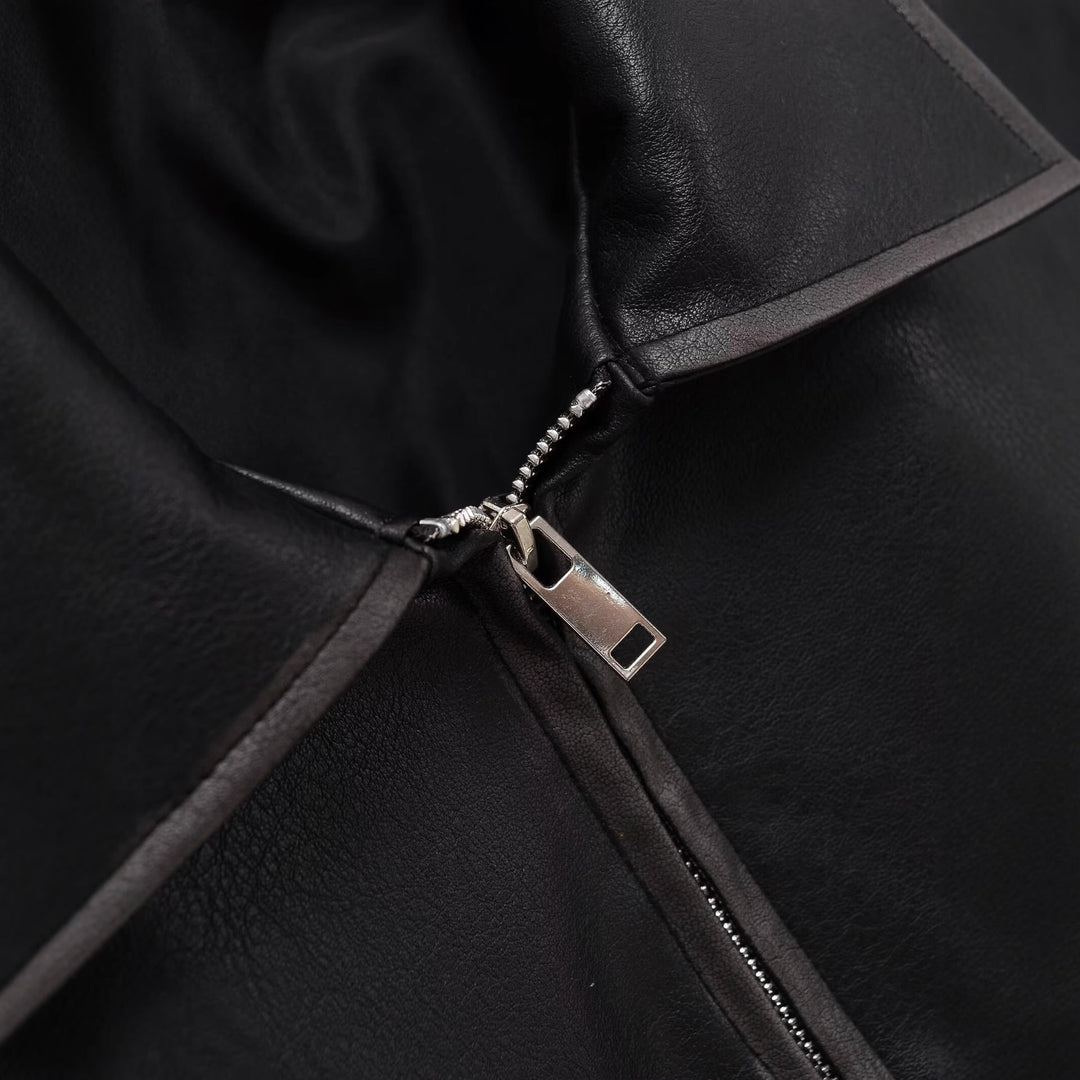 Women's Short Boxy Leather Look Jacket with Zip and Large Flap Pockets Mune Fashion