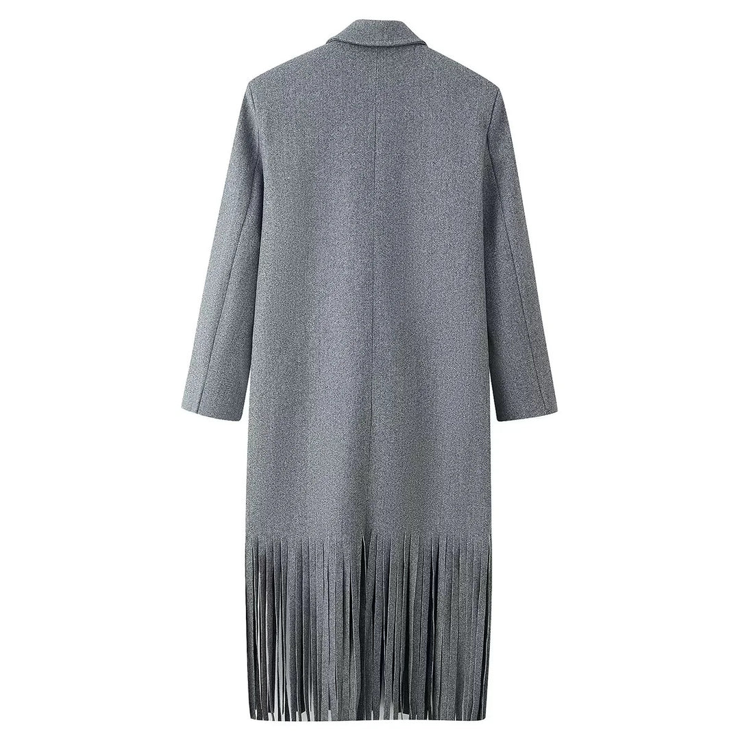 Women's Long Double-Breasted Wool Blend Coat with Fringe Trim and Flap Pockets Mune Fashion