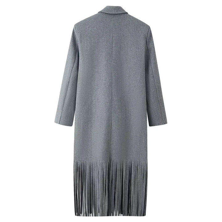Women's Long Double-Breasted Wool Blend Coat with Fringe Trim and Flap Pockets Mune Fashion