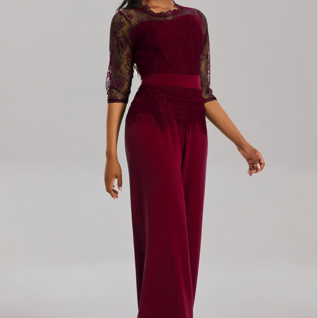 Elegant Women's Jumpsuit with Lace Sleeves and Wide Leg | Mune Fashion