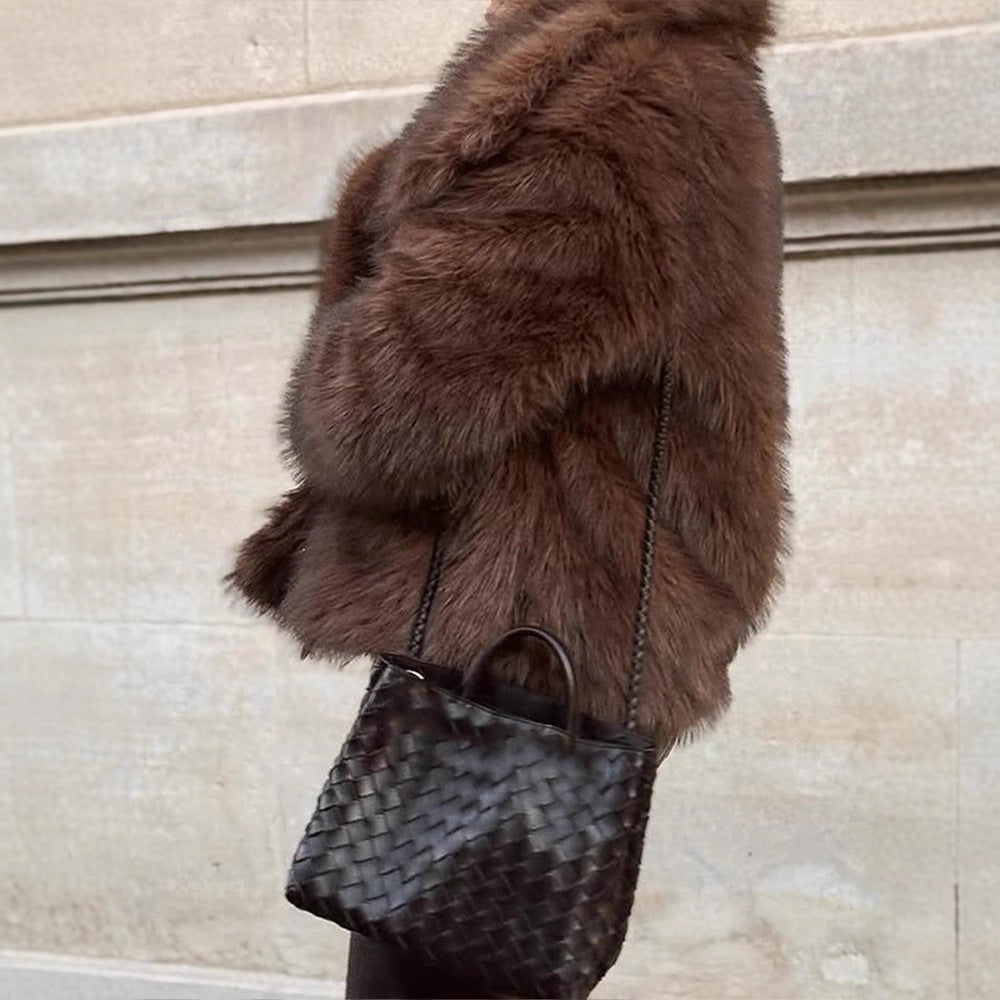 Women Short Voluminous Faux Fur Jacket in Boxy Cut with Large Shawl Collar Mune Fashion