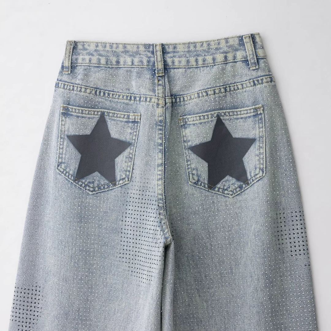 Ladies wide high-waisted jeans with wide leg and micro-perforated pattern Mune Fashion