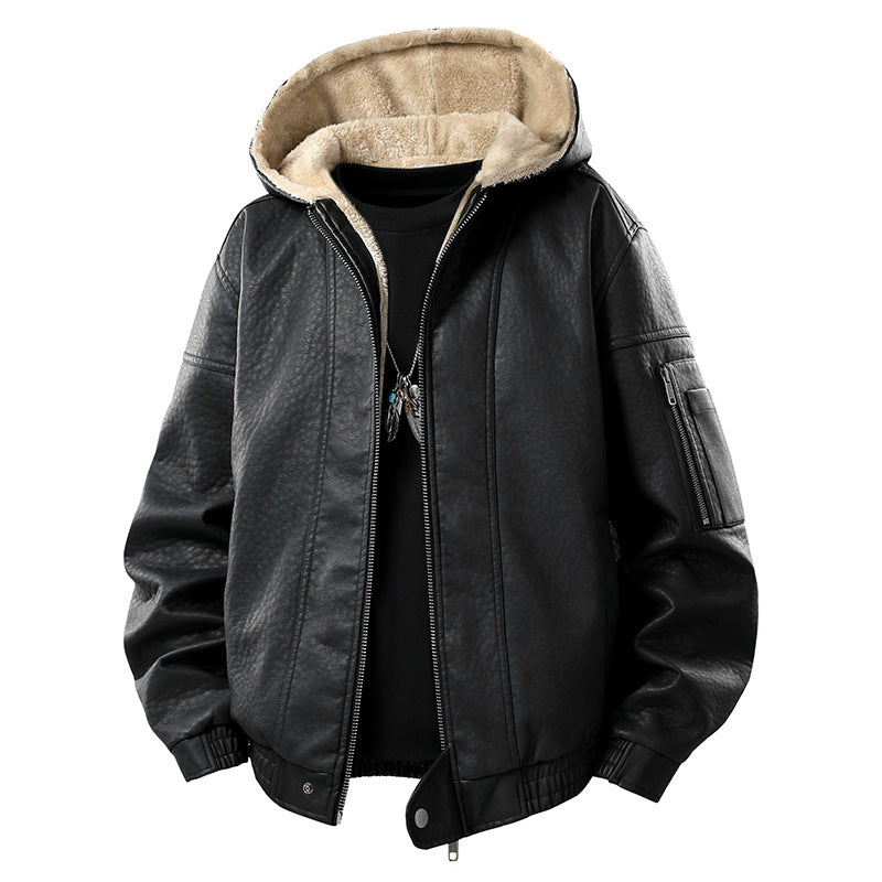 Herren Kunstleder-Bomberjacke mit Teddyfutter, Kapuze und Utility-Ärmeltasche Mune Fashion
