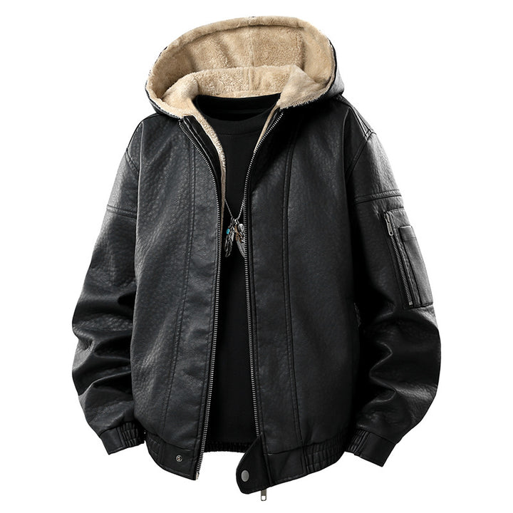 Herren Kunstleder-Bomberjacke mit Teddyfutter, Kapuze und Utility-Ärmeltasche Mune Fashion