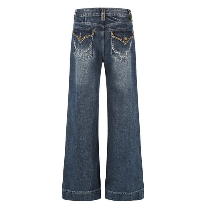 Women's Wide High-Waist Denim Palazzo Jeans with Wide Legs and Vintage Wash Mune Fashion