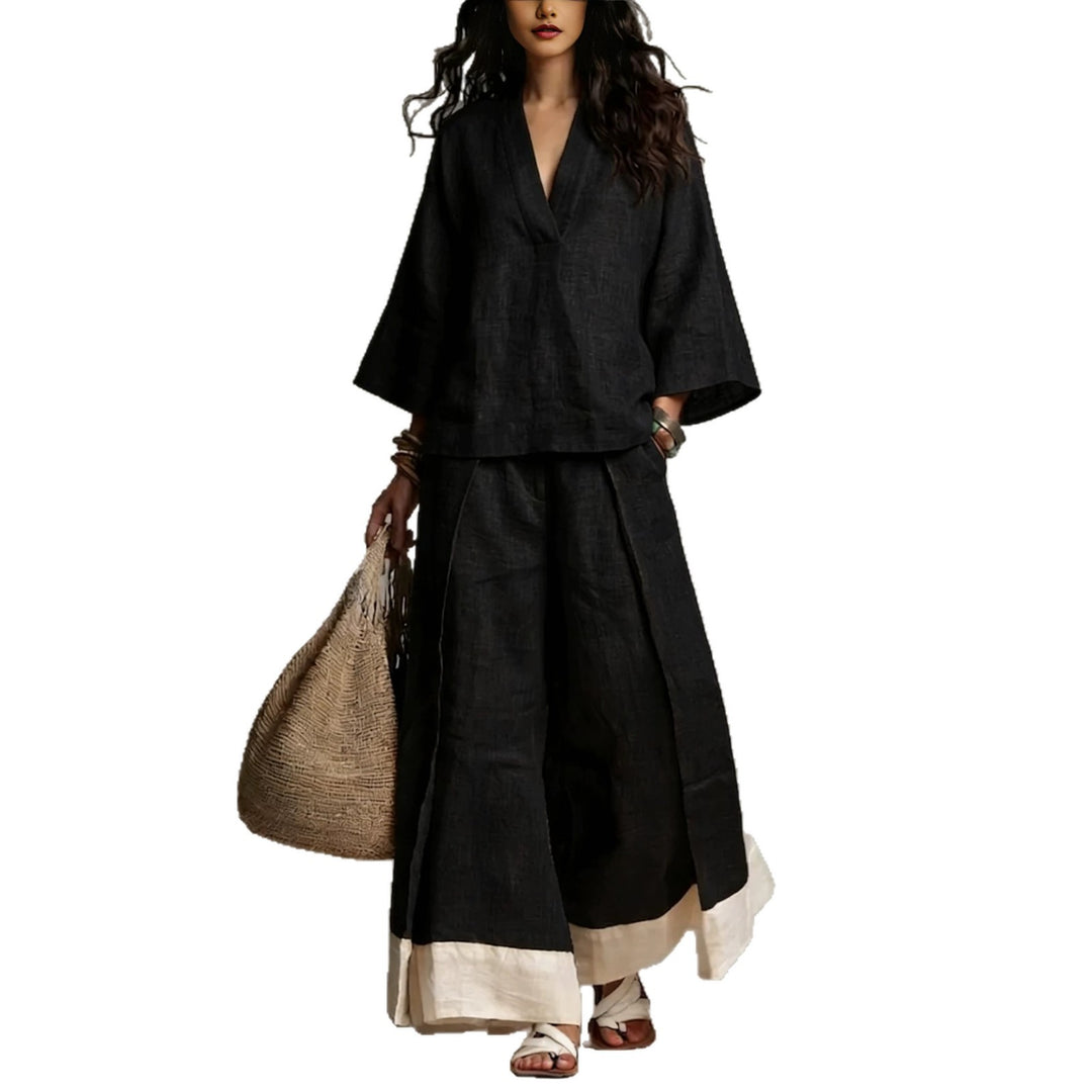 Women's linen two-piece set with wide palazzo pants V-neck and contrasting hem Mune Fashion