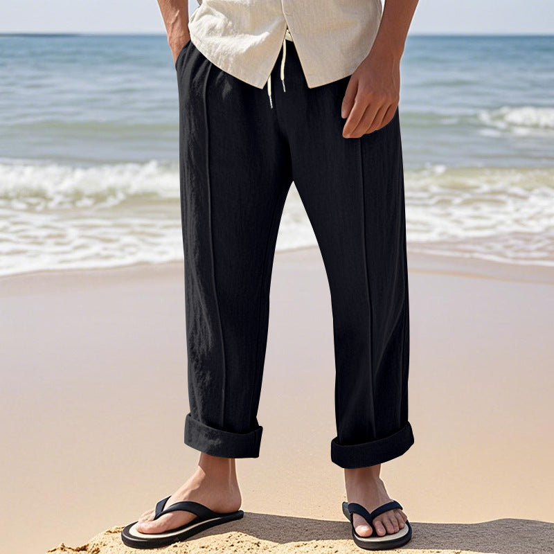 Men's Lightweight Pleated Casual Pants made of Linen Blend with Elastic Drawstring Waistband and Rolled Hem Mune Fashion