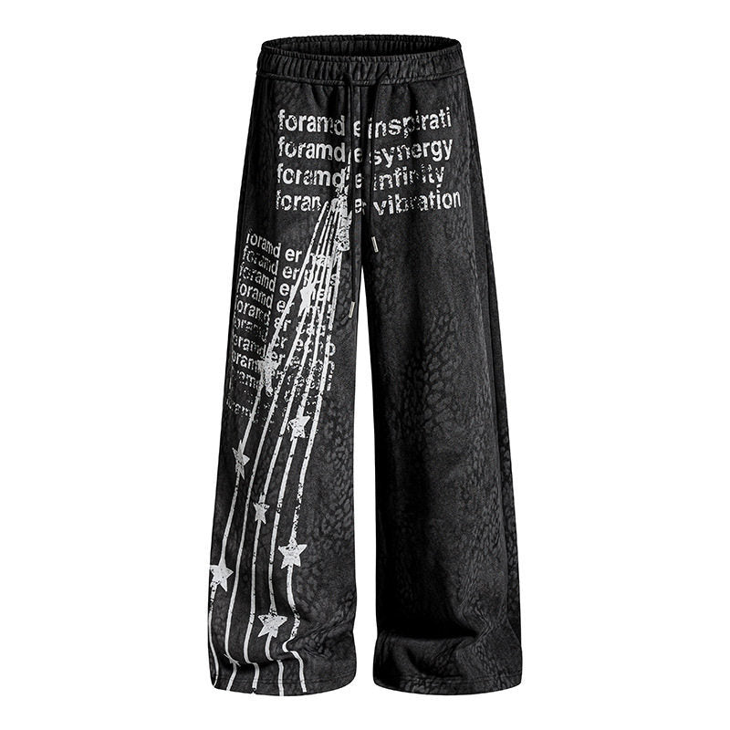 Women's Wide Palazzo Jogging Pants with Drawstring Waist, Statement Print and Vintage Wash Mune Fashion