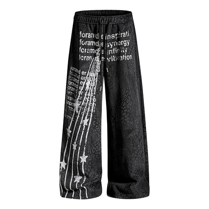 Women's Wide Palazzo Jogging Pants with Drawstring Waist, Statement Print and Vintage Wash Mune Fashion