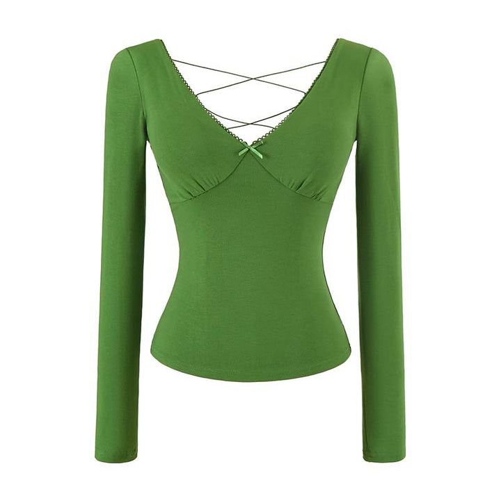 Women's Figure-Hugging Long Sleeve Top with Deep V-Neck, Crossed Spaghetti Straps and Lace Edge