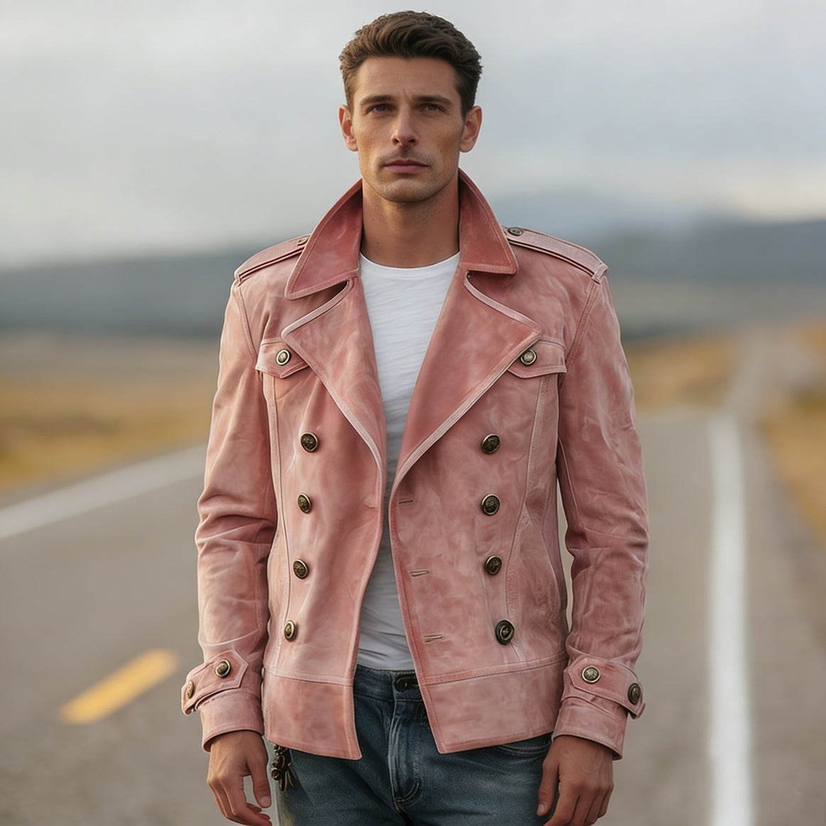 Men's Double-Breasted Leather Jacket in Vintage Look with Shawl Collar and Epaulettes Mune Fashion