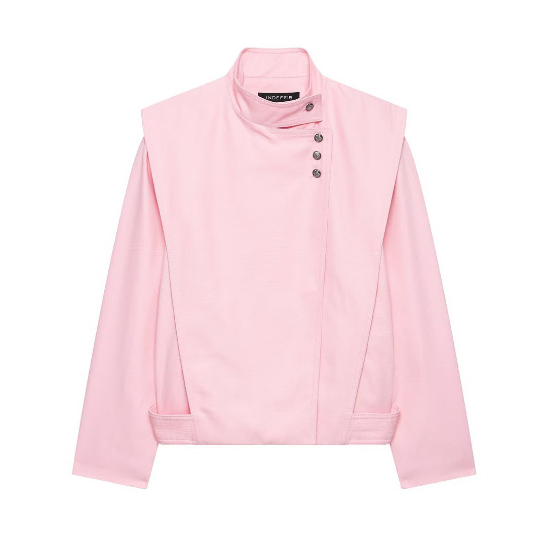 Women's Short Asymmetric Jacket with High Stand-Up Collar and Cape Shoulder Mune Fashion