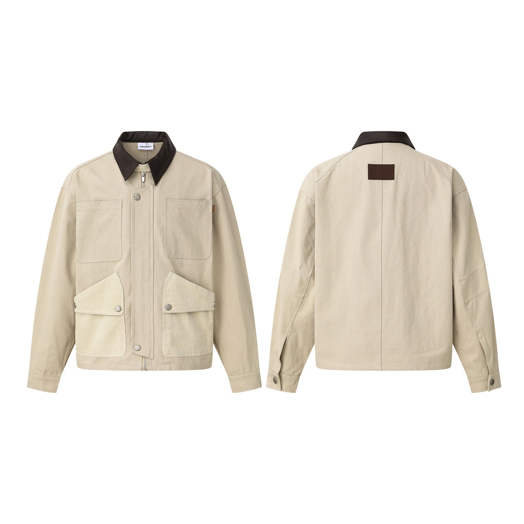Men's short jacket in field style with cord utility pockets and contrasting leather collar Mune Fashion
