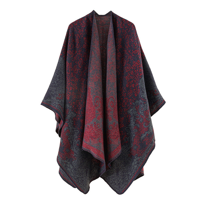 Women's Jacquard Poncho with Oriental Pattern and Open Front Mune Fashion