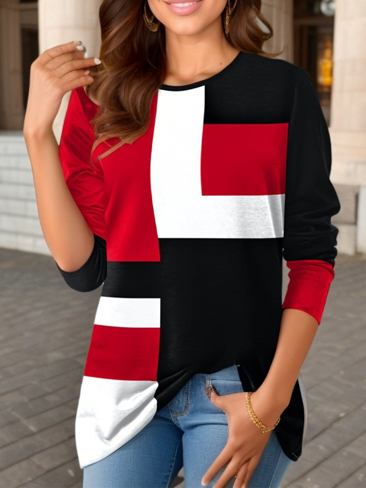 Women's geometric color block long sleeve tunic top with round neck and asymmetrical hem Mune Fashion