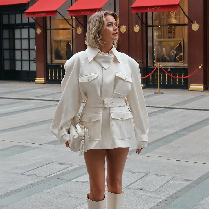 Women’s Short Blouse Dress with Waist Belt and Flap Pockets Mune Fashion