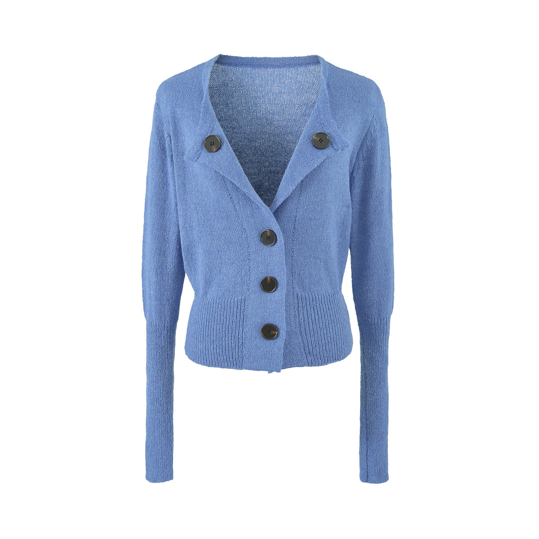 Women's Cropped Tailored Cardigan with Shawl Collar and Large Decorative Buttons Mune Fashion