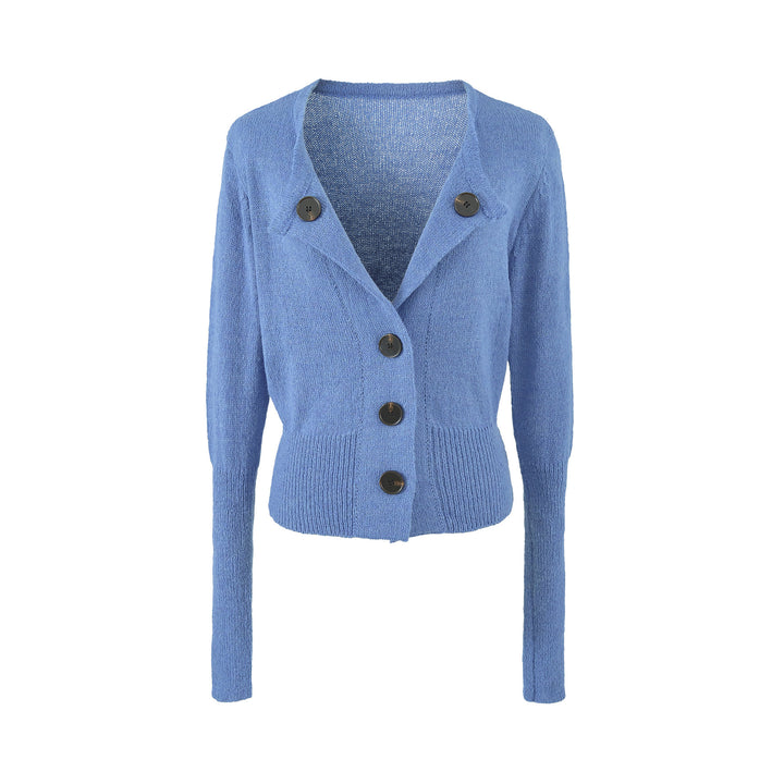 Women's Cropped Tailored Cardigan with Shawl Collar and Large Decorative Buttons Mune Fashion