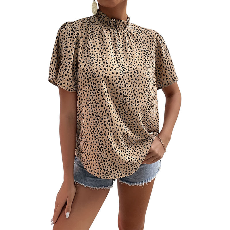Women Elegant Short Sleeve Blouse with Leopard Print Mune Fashion