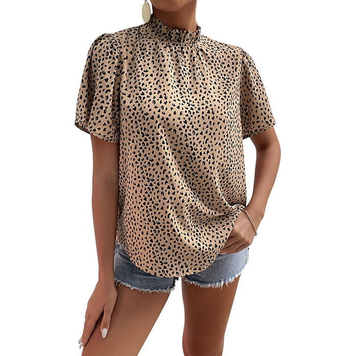 Women Elegant Short Sleeve Blouse with Leopard Print Mune Fashion