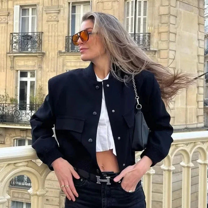 Women's short utility bomber jacket with patch pockets, concealed snap button placket, and elastic ribbed cuffs Mune Fashion