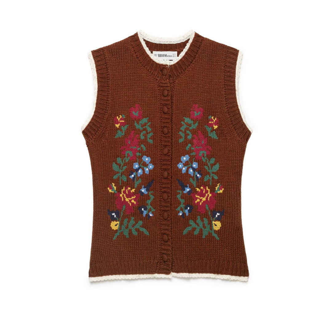 Women's sleeveless knitted vest with floral intarsias, button placket and crocheted hem Mune Fashion