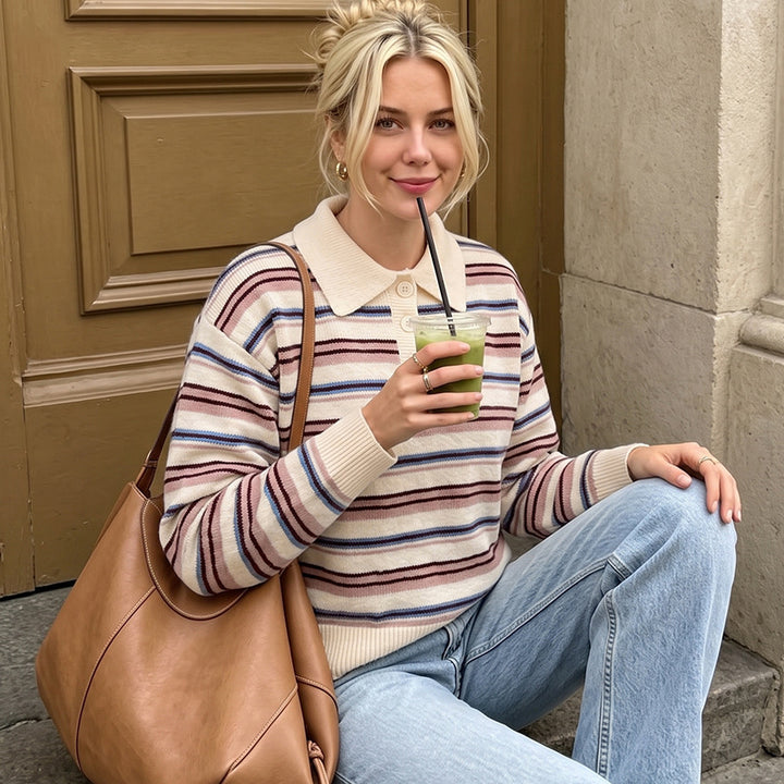 Women Striped Sweater with Collar Mune Fashion