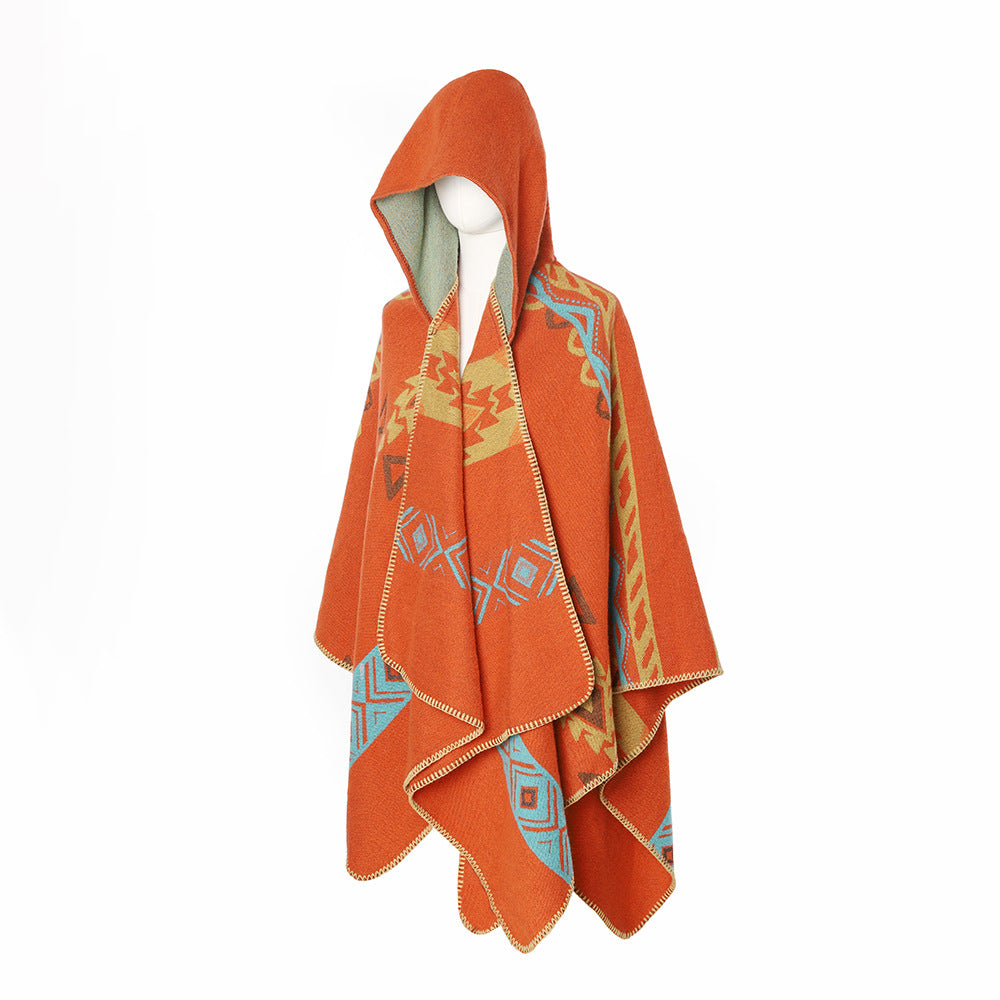 Women's Hooded Cape made of Wool Blend with Graphic Aztec Pattern Mune Fashion