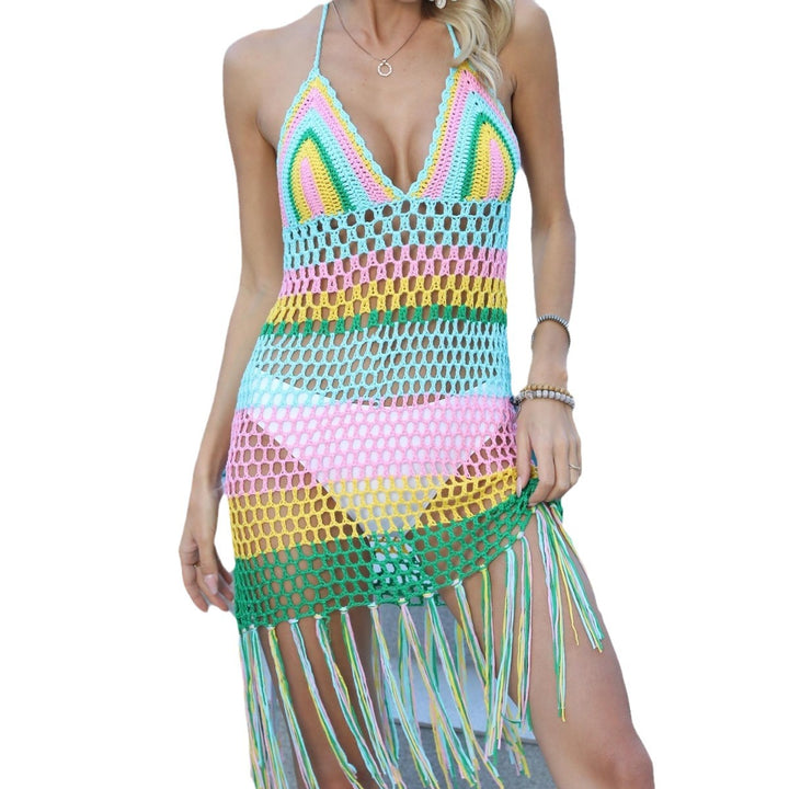 Women's crocheted beach cover-up with fringed hem Mune Fashion