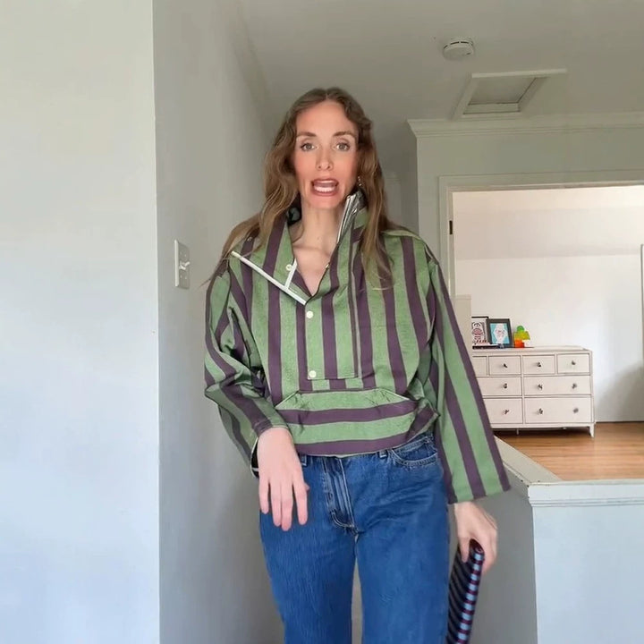 Women Oversized Stripe Sweater with Half Zipper, Stand Collar and Kangaroo Pocket Mune Fashion