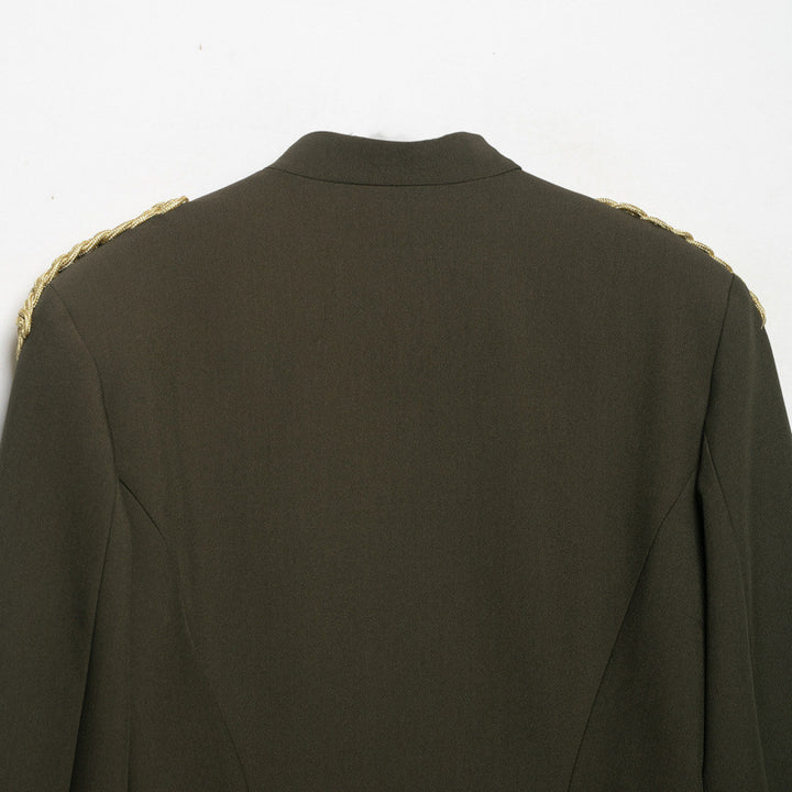 Women Short Cut Military Jacket with Shoulder Cords and Decorative Buttons Mune Fashion