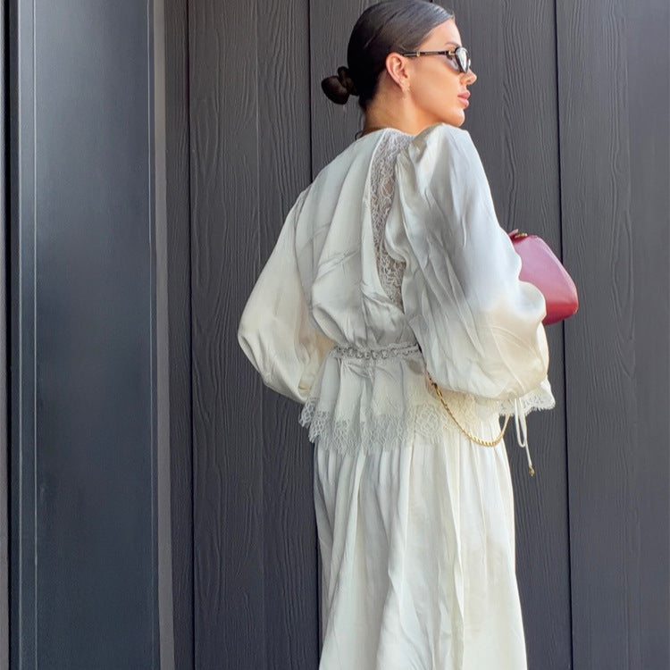Women's One-Piece Satin Jumpsuit with Lace Yoke, Puff Sleeves and Voluminous Harem Pants Mune Fashion