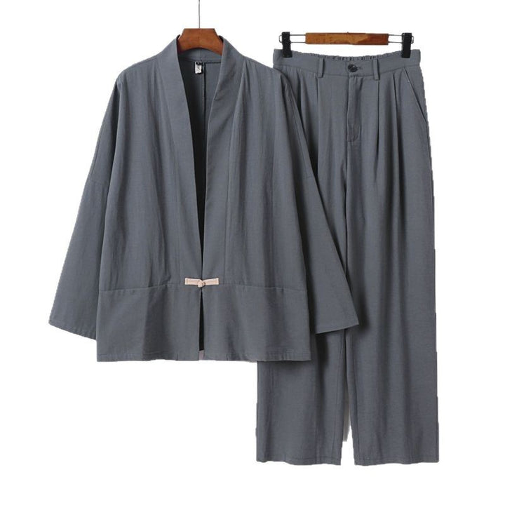Women's Kimono Lounge Set made of lightweight viscose-linen with decorative toggle closure and wide waistband pants Mune Fashion