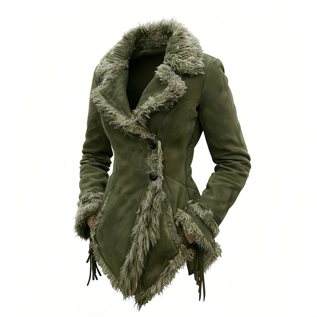 Women faux suede tailored coat with cozy faux fur trim and fringe Mune Fashion