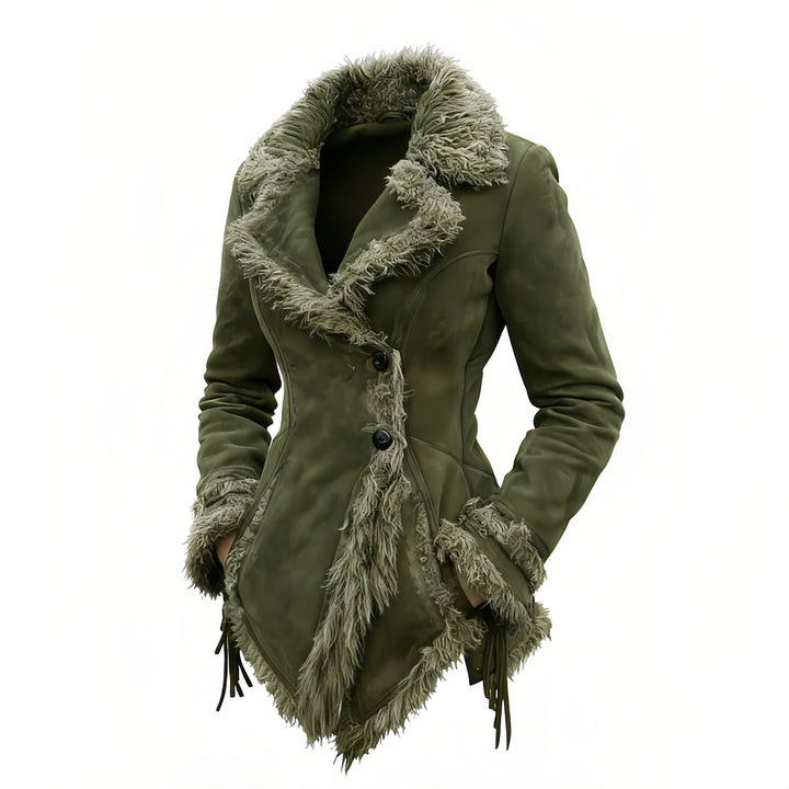 Women faux suede tailored coat with cozy faux fur trim and fringe Mune Fashion
