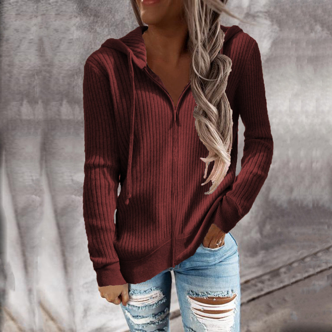Women's Ribbed Hooded Sweater with Zipper and Front Pockets Mune Fashion