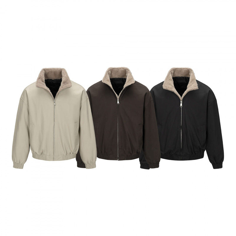 Men's Boxy Bomber Jacket with Teddy Lining and High Stand Collar Mune Fashion