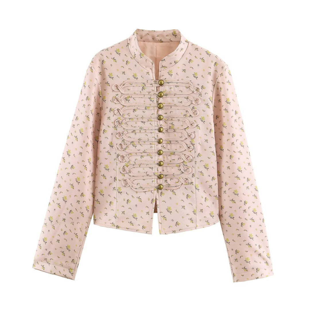 Women Cropped Satin Jacket in Military Style with Decorative Frog Trim Mune Fashion
